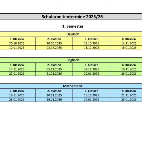 Schularbeiten Termine 1. Semester