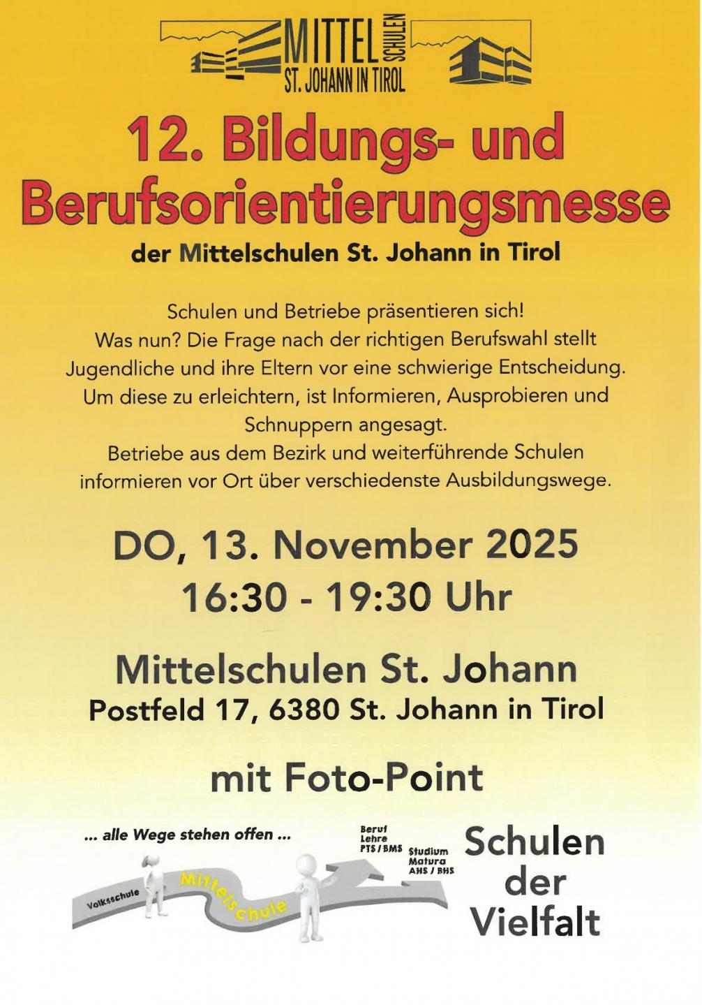 Information zur 12. Bildungs- und Berufsorientierungsmesse in den Mittelschulen St. Johann