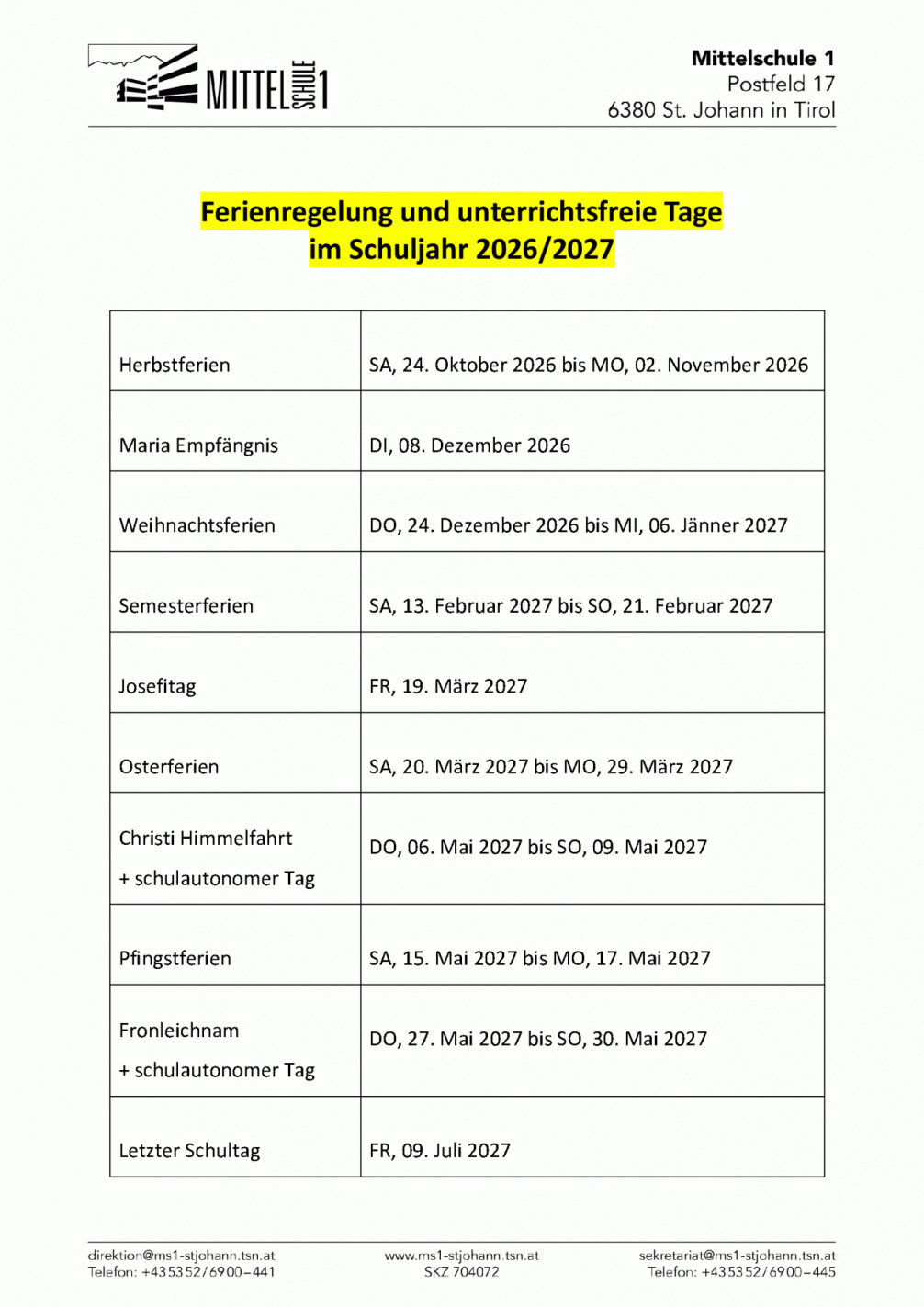 Ferienregelung 2026/27