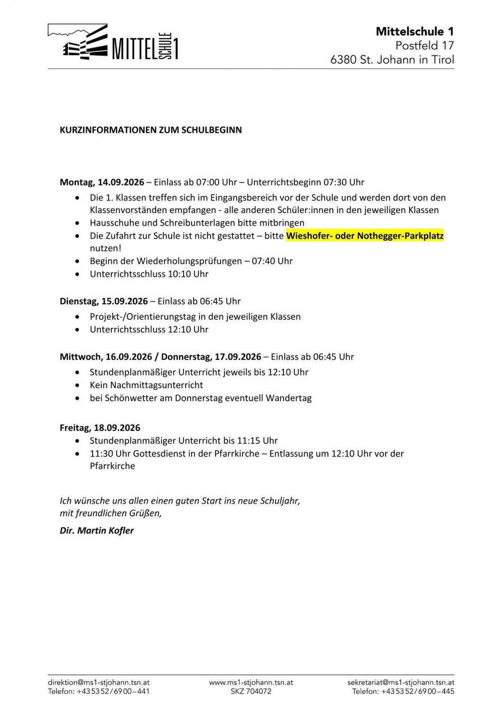 Informationen zum Schulbeginn